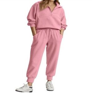 Women's 2-Piece Long Sleeve Half Zip Sweatsuit Pockets Pullover Lounge Set Pink
